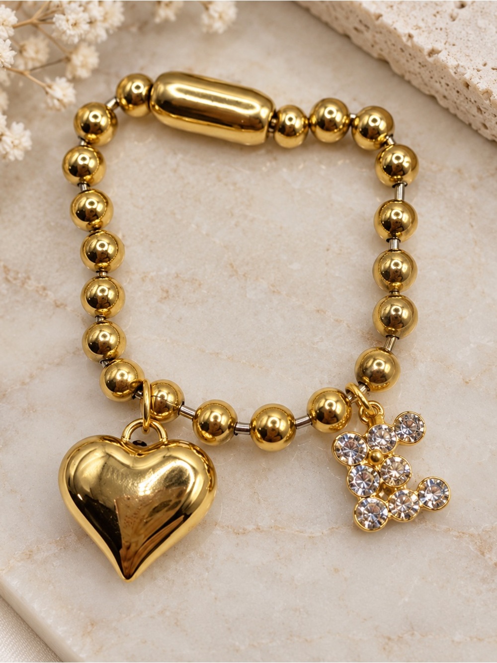 Handmade initial E Gold Heart and Crystal Pendant Necklace steel 18k